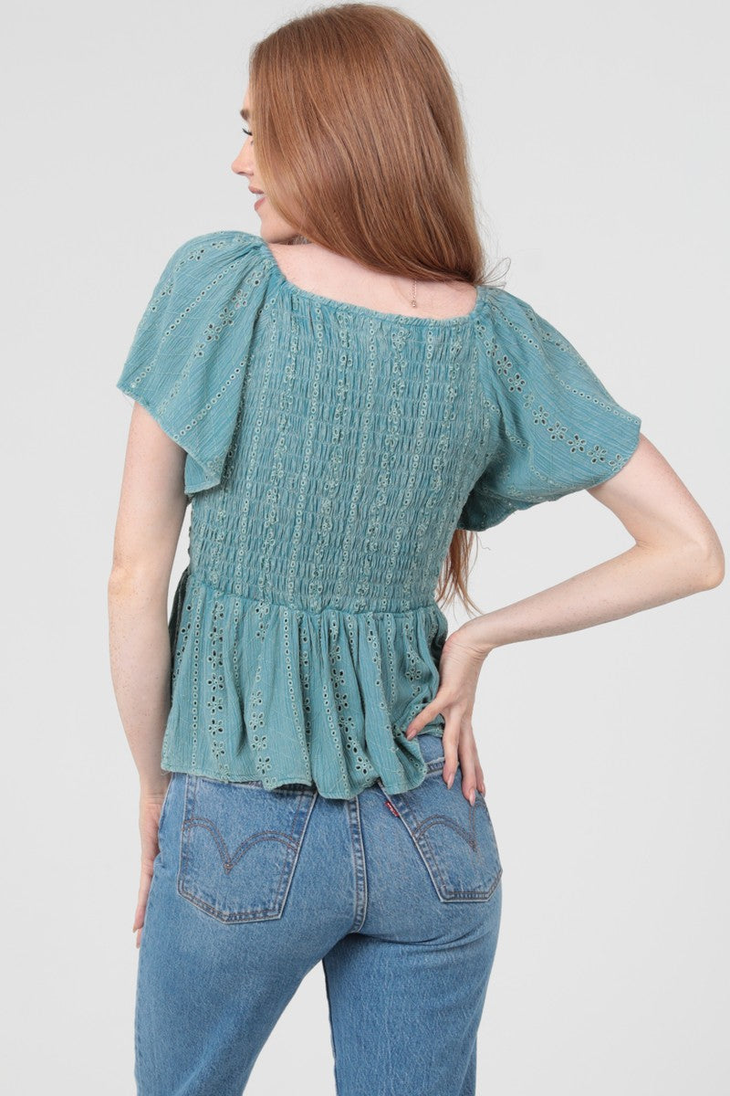 EYELET V-NECK TOP