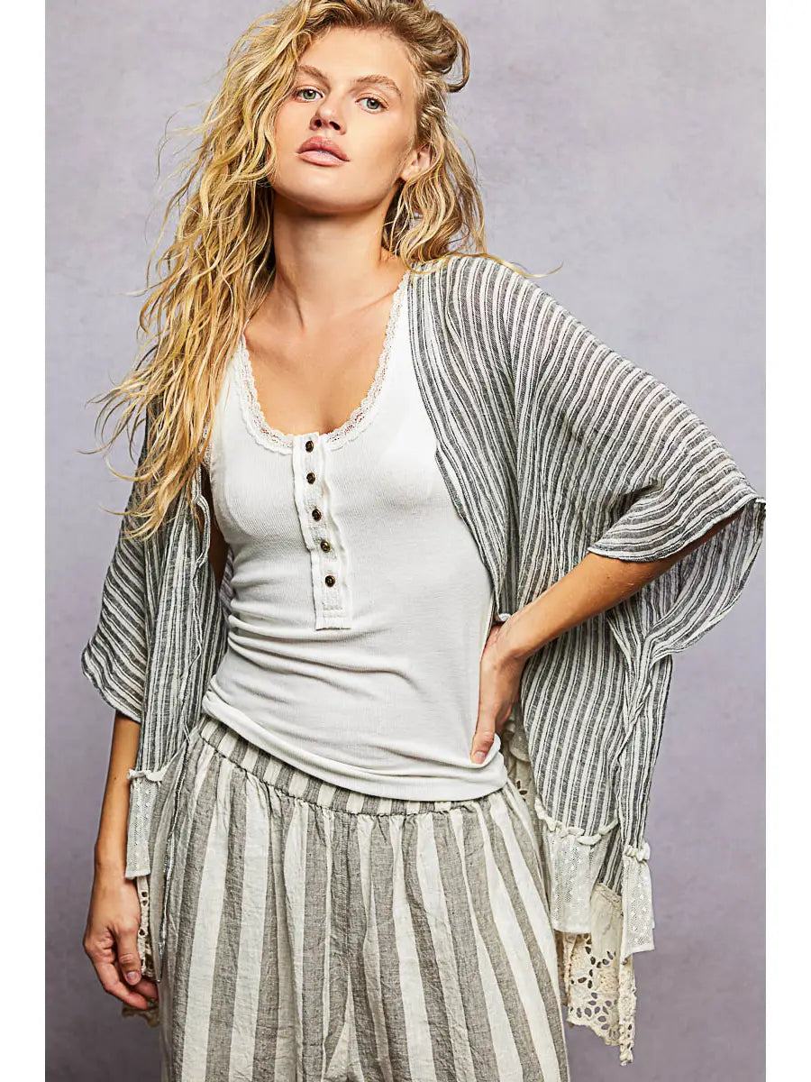 EYELET LACE STRIPED CARDIGAN