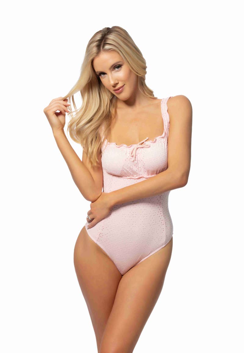 SOLID EYELET ONE PIECE RUFFLE TRIM SWIMSUIT