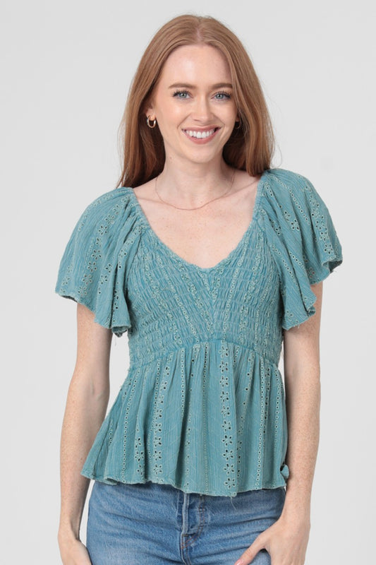 EYELET V-NECK TOP