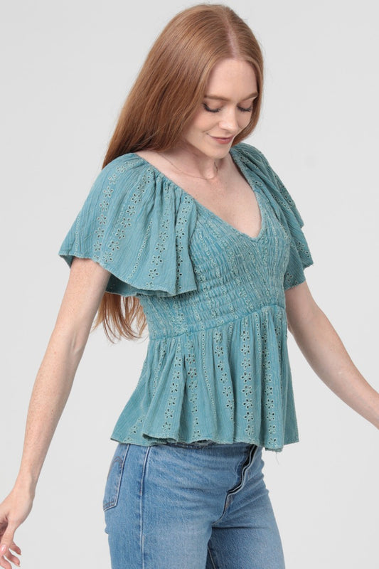 EYELET V-NECK TOP