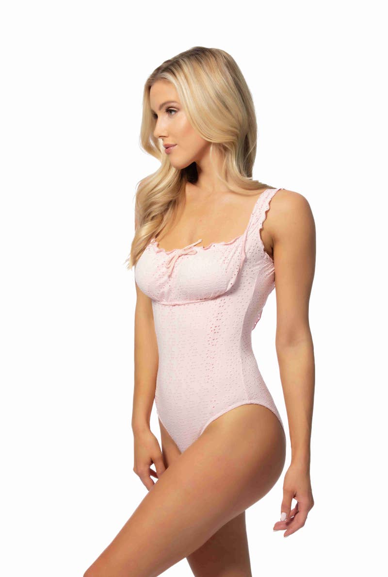 SOLID EYELET ONE PIECE RUFFLE TRIM SWIMSUIT