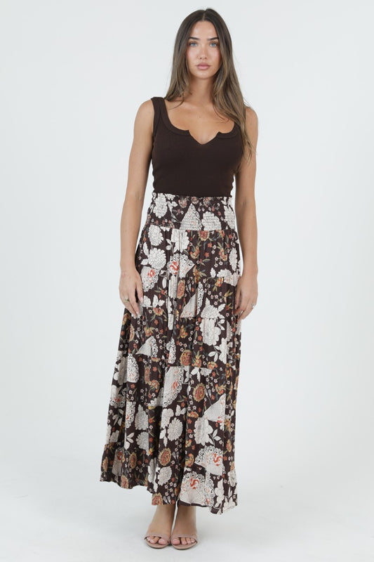BROWN FLORAL TIERED SKIRT